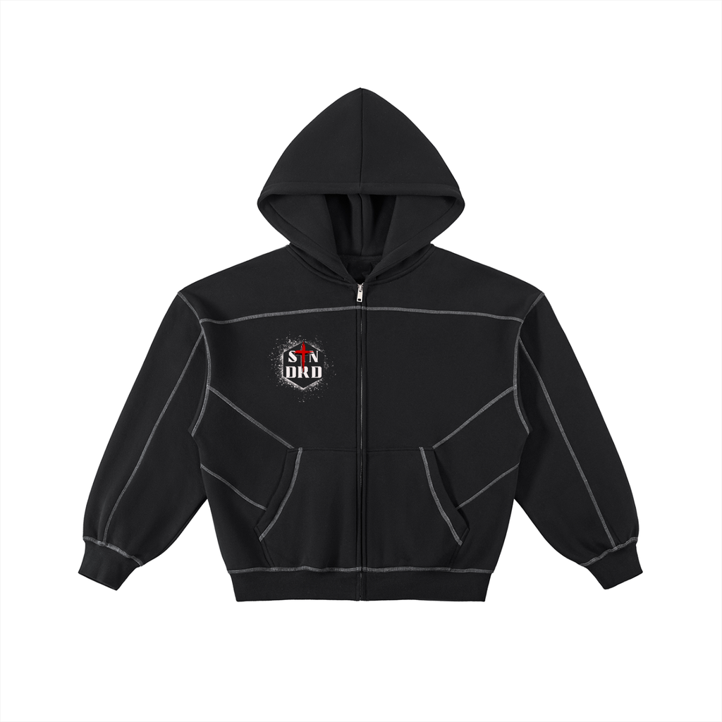 Contrast-Stitched Boxy Fleece Zip Hoodie
