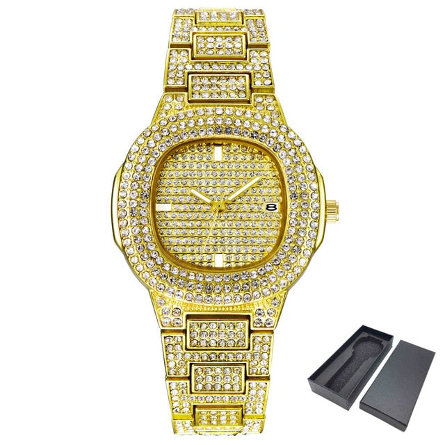 ICE-Out Bling Diamond Luxury Watch Men Gold Hip Hop iced out watch Men Gold Quartz Watches Stainless Steel relogio